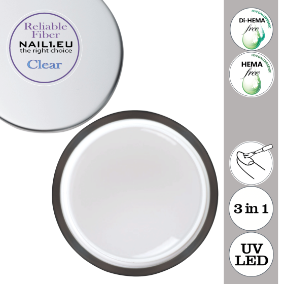 Reliable Fiber Clear UV/LED Gel. HEMA&Di-HEMA Free jednofázový gel - hypoalergenní.