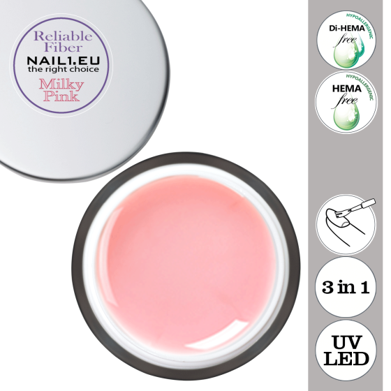 Reliable Fiber Milky Pink UV/LED Gel. HEMA&Di-HEMA Free jednofázový gel - hypoalergenní.