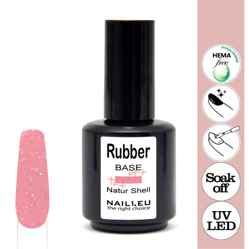 Rubber Base Natur Shell Gel Lak - zlaté vločky - 15ml